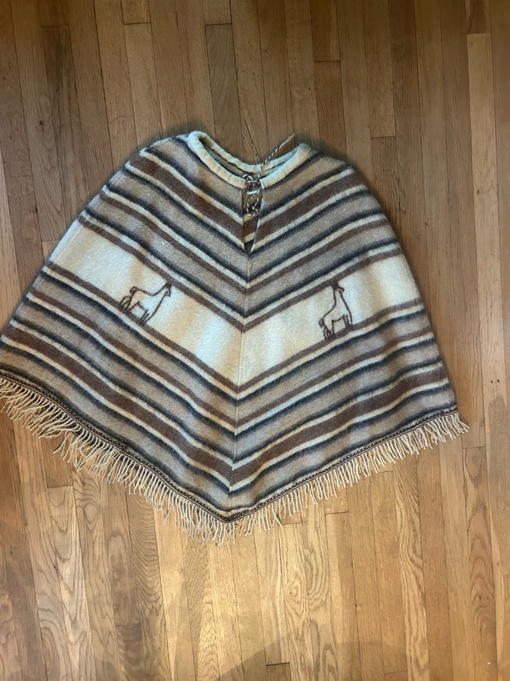Vintage Striped Fringe Poncho in Cream and Brown